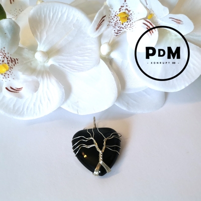 Pendentif Agate Noire En Pierre Naturelle Forme Coeur Montage Arbre De