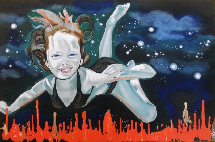 tableau-art-artiste-contemporain-surrealisme-fille-eau-etoile-bleu-orange