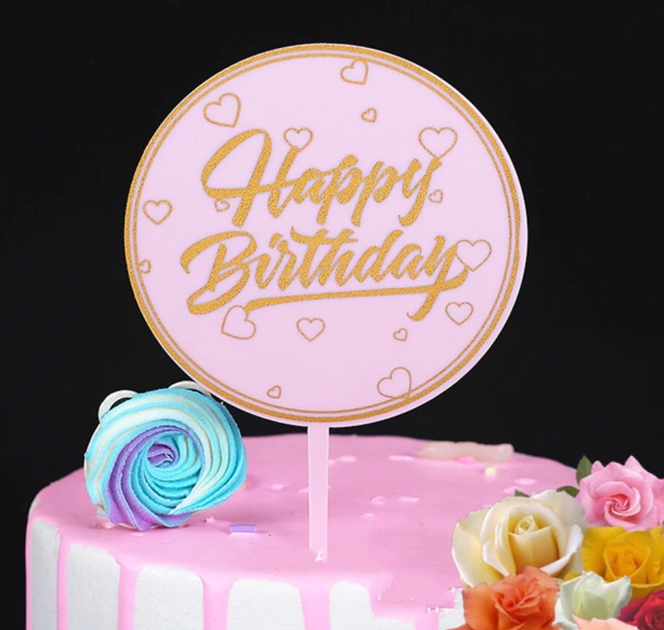 Topper En Acrylique Cercle Happy Birthday Avec Coeurs Golden