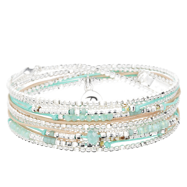 Bracelet Désiré Multi Tours Élastique Vert D Eau Beige Léopard