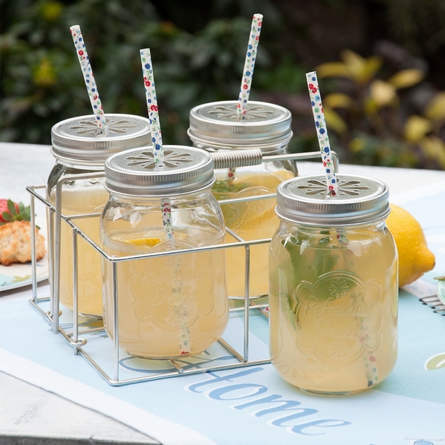 Panier de 4 pots à limonade, style Mason Jar
