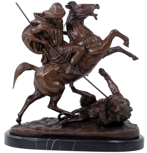 Statue en bronze cavalier arabe tuant un lion 42 cm Décorations de