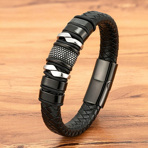 Bracelet en cuir noir pour homme corde tressée en acier inoxydable