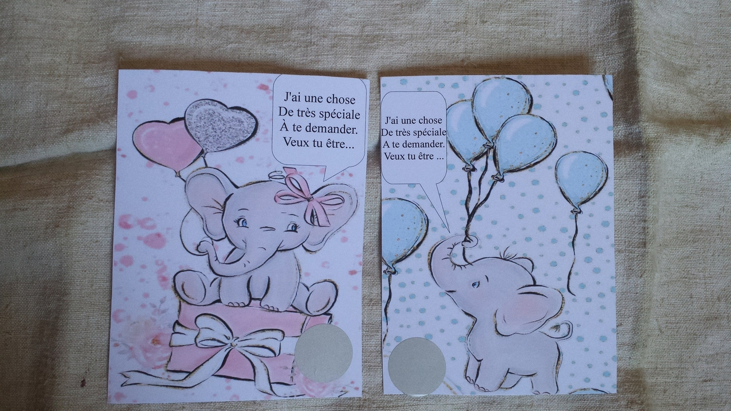 lot de 2 cartes à gratter éléphant demande parrain et marraine