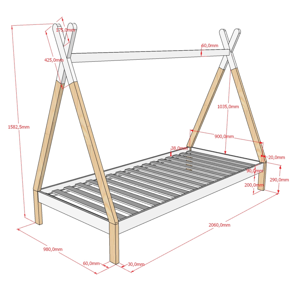 Lit Tipi 90x200 Sommier Et Tiroir Inclus Vipack Blanc Lits Cabanes