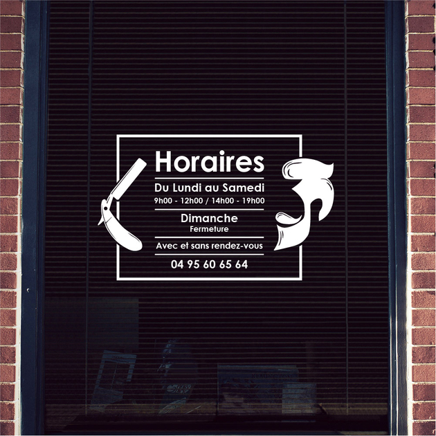 Stickers Horaire Coiffeur Barbier Autocollant Vitrophanie