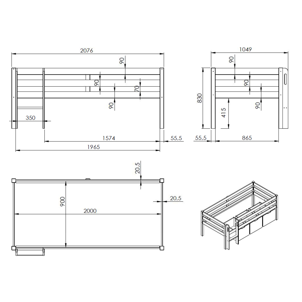 Lit Mi Hauteur 90x200 Sommier Inclus Vipack Pino Gris Lits Junior Lit