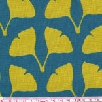 Tissu Echino Stamped feuilles de gingko bleu canard et moutarde 20x110 cm