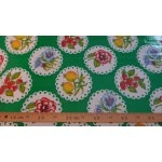 Toile cirée Kitch Kitchen rosaces, fleurs et fruits fond vert 50x120 cm