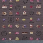 DERNIER COUPON Tissu mini macarons fond chocolat 32 x110 cm