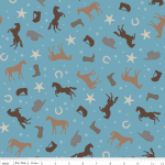 Tissu Saddle Up chevaux fond bleu 20x110 cm