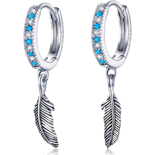 Boucles d oreilles créoles avec pendentif plume en argent sterling 925