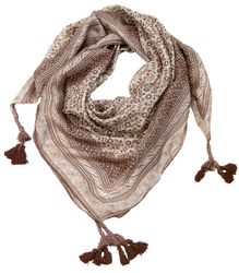 Carré de soie taupe petites fleurs et pompons