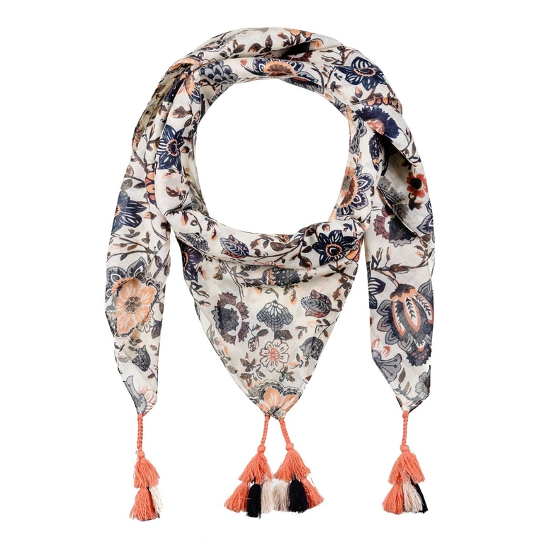 Foulard Fantaisie Floral Avec Pompons Corail Ayala