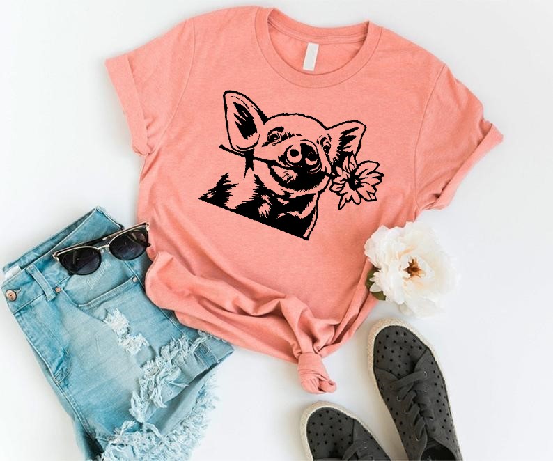 cochon fleur motif thermocollant t-shirt femme