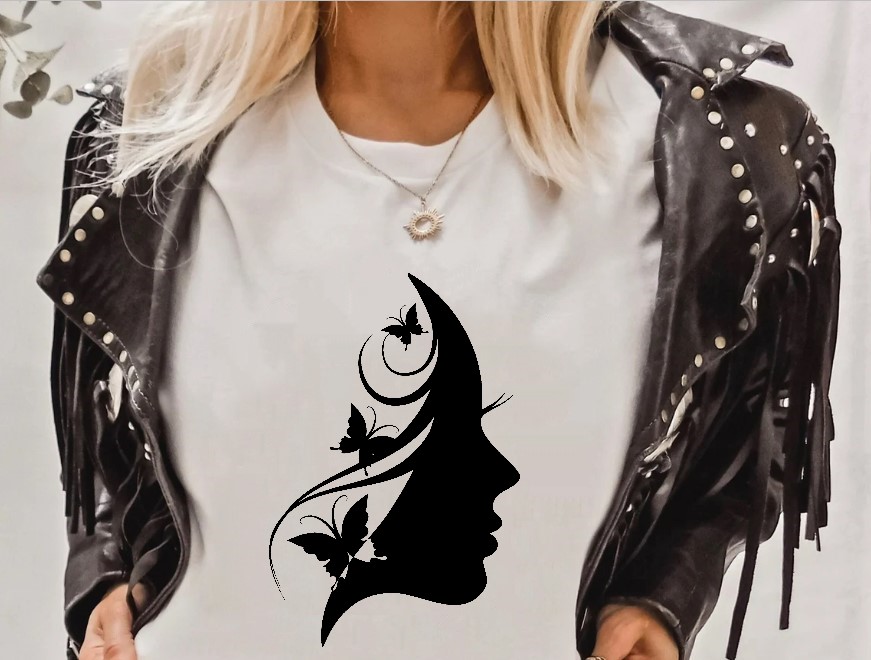 Visage femme papillons motif thermocollant t-shirt femme