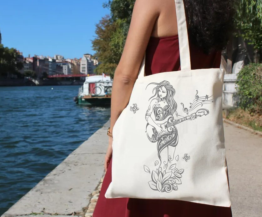 femme guitare motif thermocollant sac shopping plage courses jute