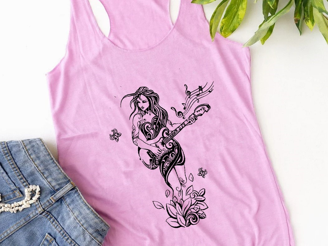 femme guitare motif thermocollant t-shirt débardeur brassière