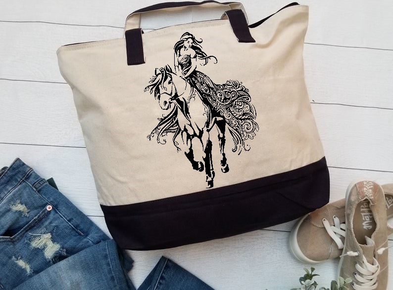 cheval cavalière motif thermocollant sac shopping courses plage jute tissu