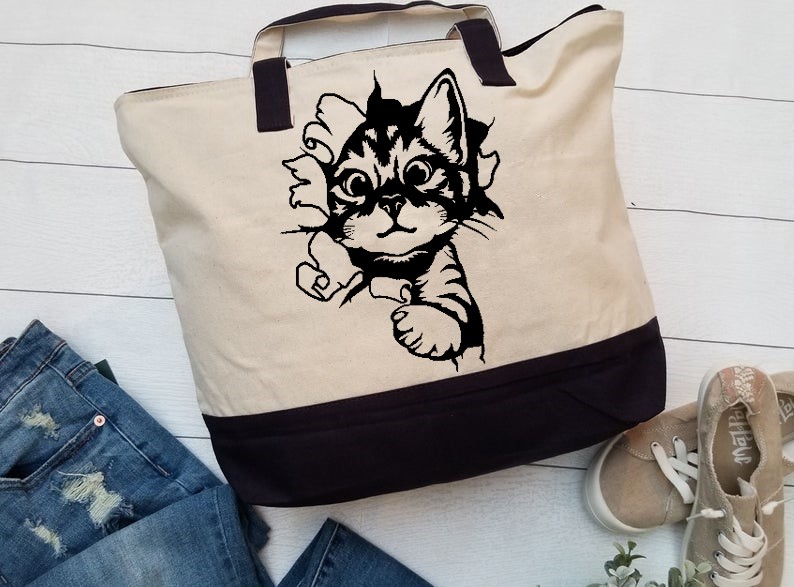chat caché motif thermocollant sac jute shopping