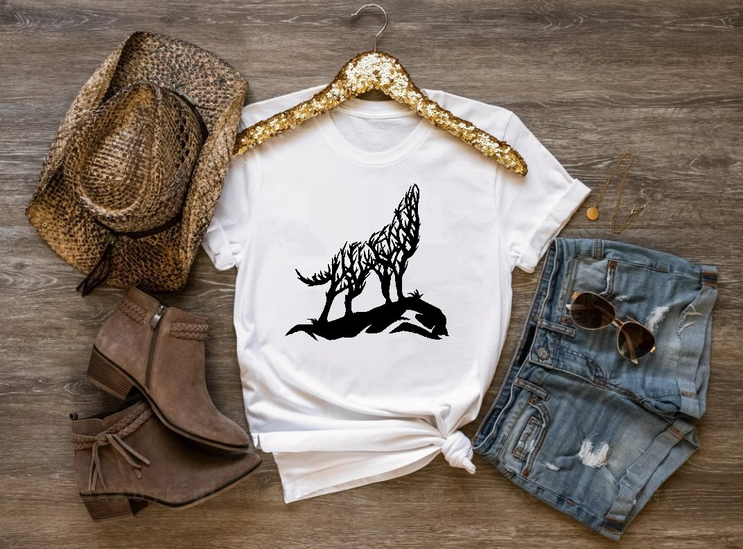 loup arbre branches motif thermocollant t-shirt femme