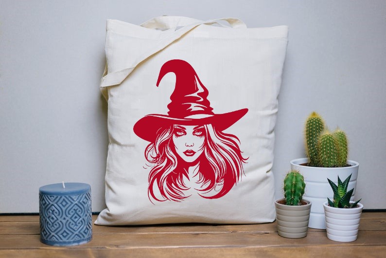 femme sorcière motif thermocollant sac toile jute shopping