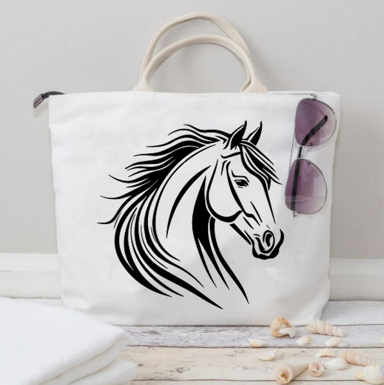 Tête cheval crinière motif thermocollant sac shopping à main courses