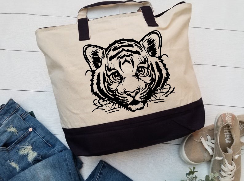 tête bébé tigre face motif thermocollant sac shopping course jute cabat