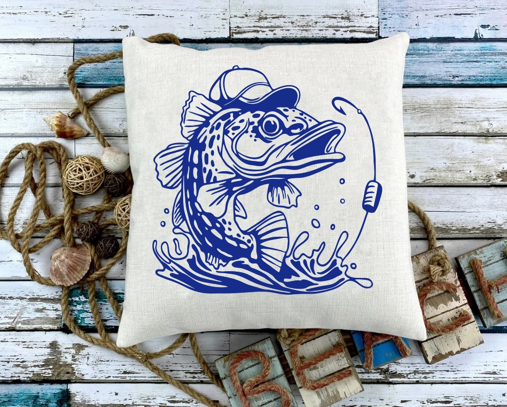 poisson casquette pêche motif thermocollant flex textile coussin oreiller