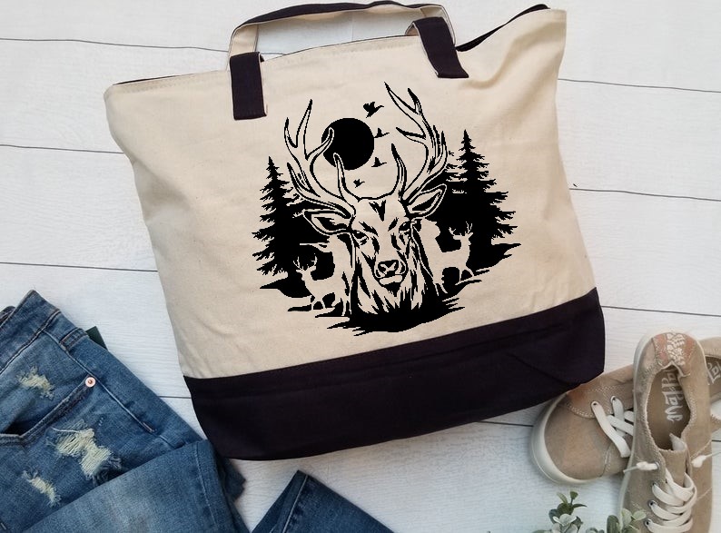 cerf chasse forêt motif thermocollant flex textile sac main shopping courses juste