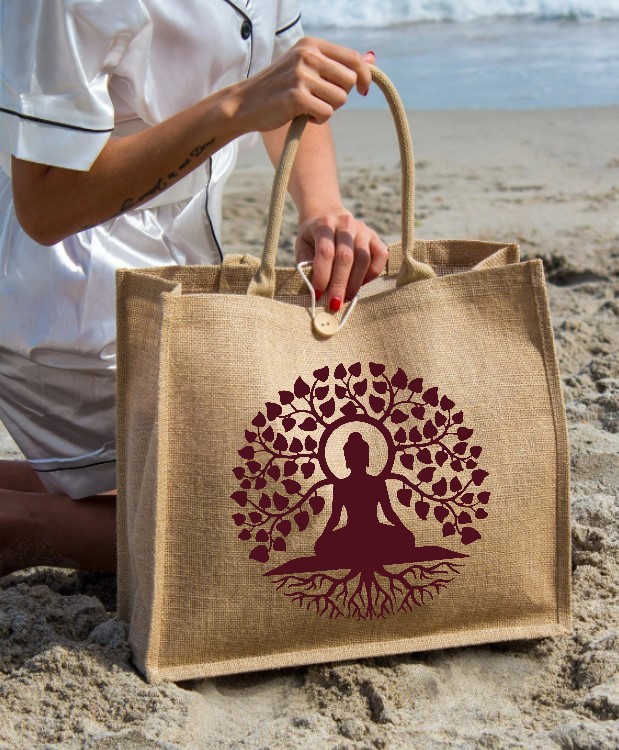 arbre yoga motif thermocollant flex textile sac jute courses mains tote bag cabat