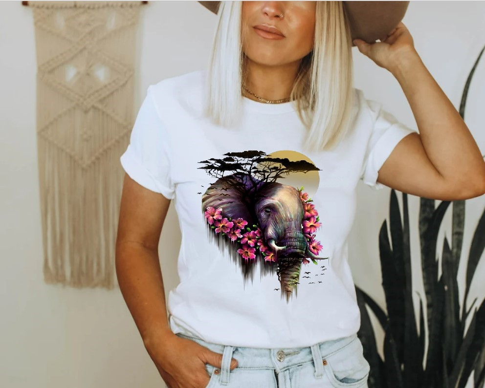 éléphant fleurs impression DTF Flex Textile t-shirt femme homme enfant débardeur top