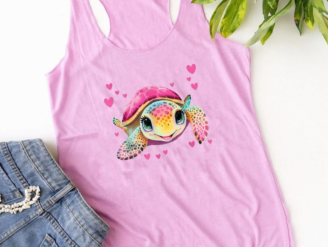 tortue coeurs impression dtf flex textile débardeur t-shirt femme enfant homme mer animal