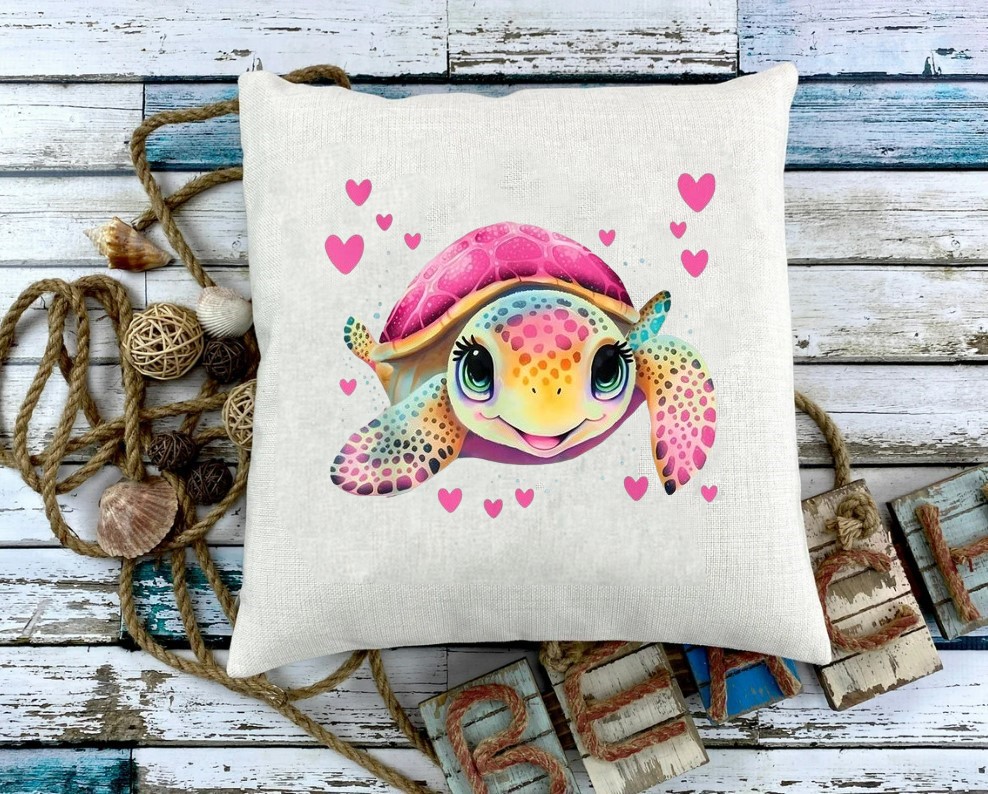 tortue coeurs impression dtf flex textile coussin oreiller déco tissu mer animal