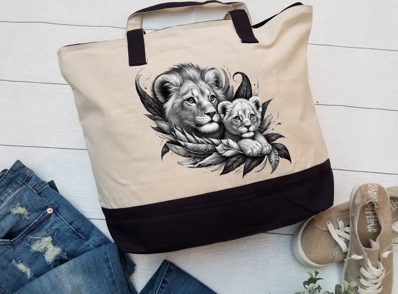Lion Lionceau Feuilles Impression DTF Flex Textile sac shopping toile jute lionne tatouage