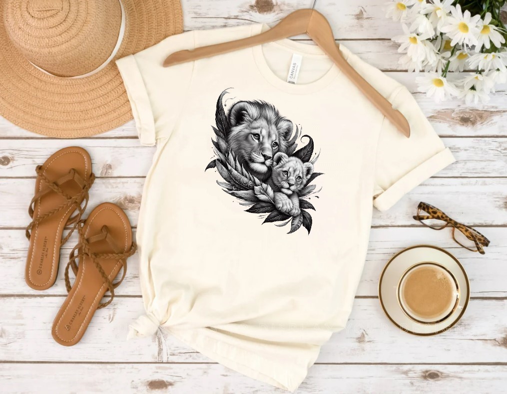 Lion Lionceau Feuilles Impression DTF Flex Textile t-shirt femme homme enfant lionne tatouage