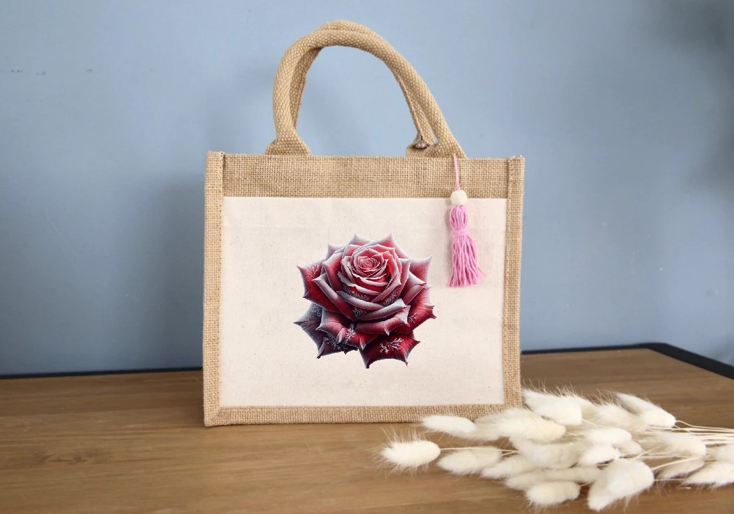 Rose givrée impression dtf flex textile fleur froid sac shopping tissu jute déco