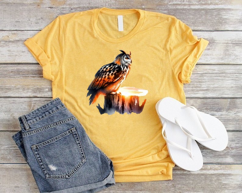 hibou soleil impression dtf flex textile oiseau chouette t-shirt femme homme enfant