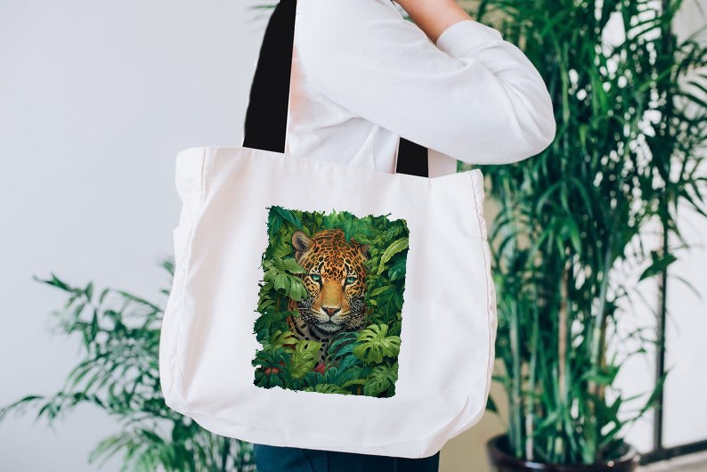 léopard feuillages impression dtf sac plage shopping toile tissu promo solde animal sauvage jungle
