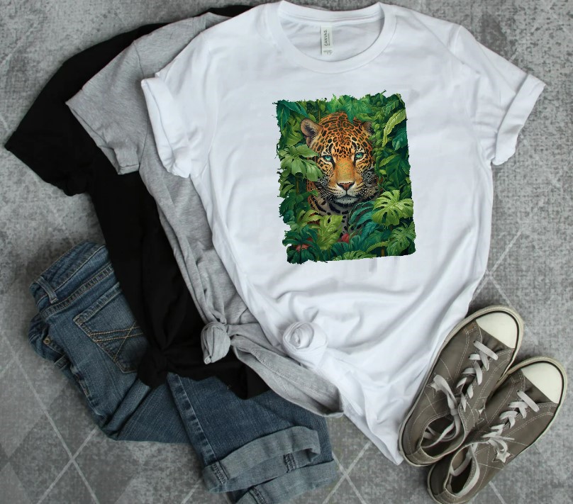 léopard feuillages impression dtf t-shirt femme homme enfant tissu promo solde animal sauvage jungle