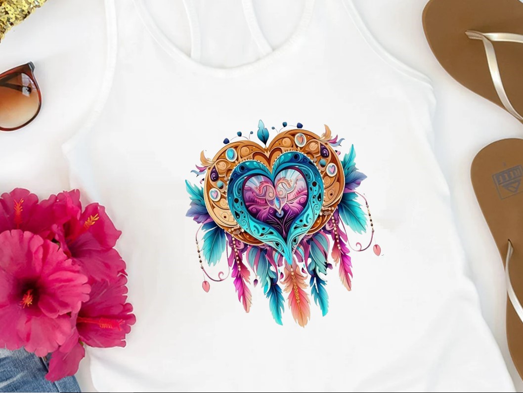 coeur plumes attrape-rêve impression dtf flex textile t-shirt femme homme enfant