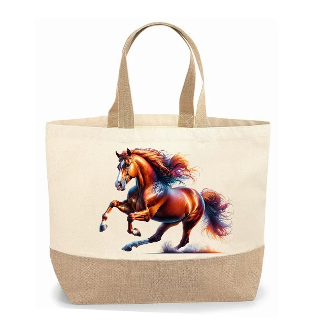 cheval galop impression DTF flex Textile sac shopping plage jute toile tissu étalon jument poulain poney