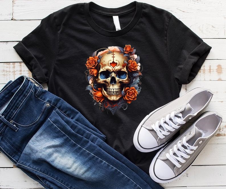 crâne roses impression dtf flex textile t-shirt homme femmet tête de mort squelette