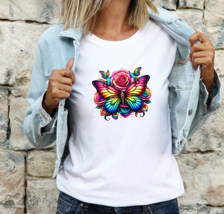 Papillon Fleurs Impression DTF flex textile t-shirt femme homme enfant couleurs arc en ciel rainbow butterfly