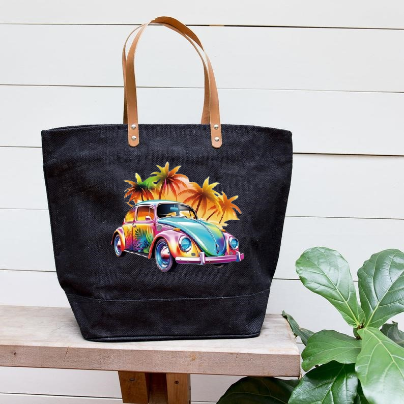 Voiture Coccinelle Palmiers imression DTF flex textile sac shopping plage mains vacances été