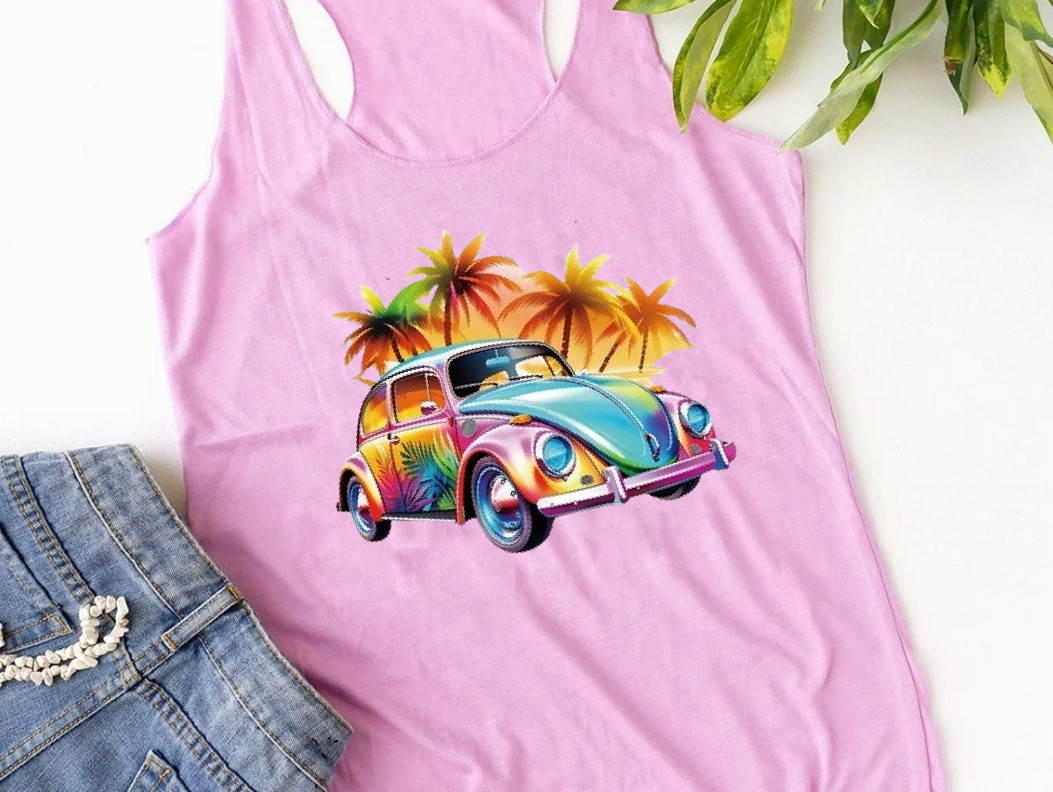 Voiture Coccinelle Palmiers imression DTF flex textile t-shirt homme femme enfant vacances plage été