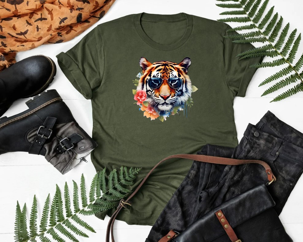 Tête Tigre lunettes Fleurs impression dtf flex textile t-shirt femme homme enfant animal sauvage humour été
