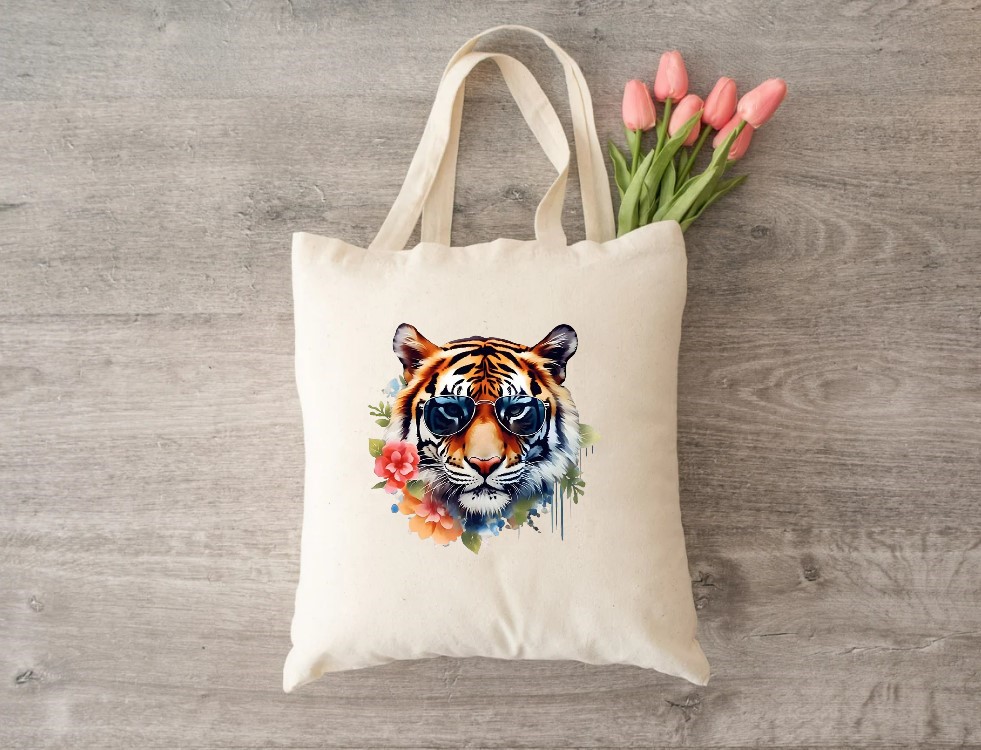 Tête Tigre lunettes Fleurs impression dtf flex textile sac shoppinf plage mains animal sauvage humour été
