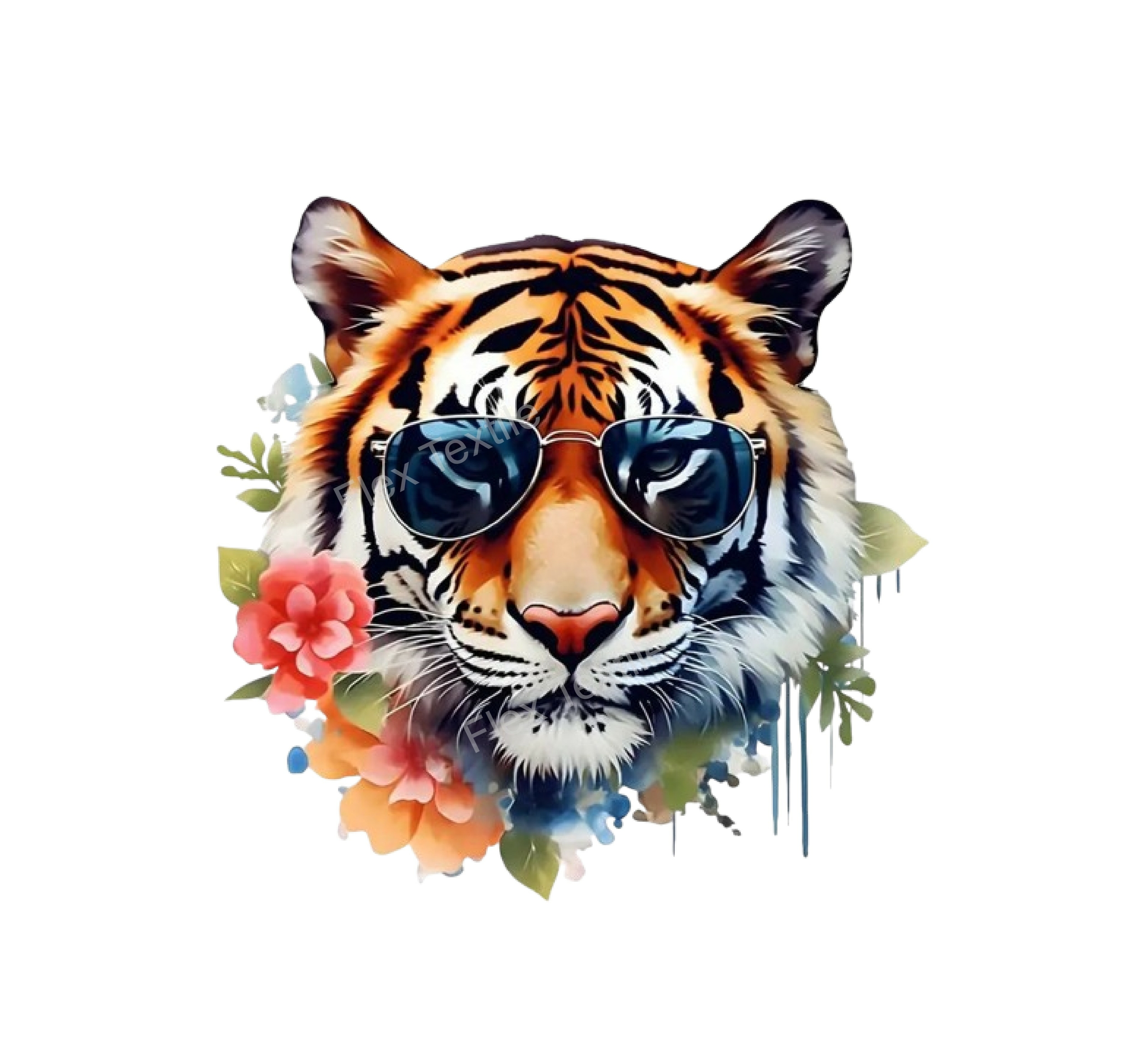 Tête Tigre lunettes Fleurs impression dtf flex textile