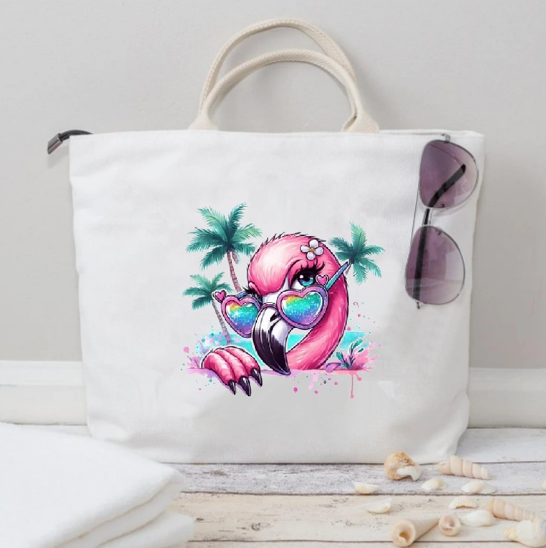 tête flamant rose lunettes palmiers impression dtf flex textile sac shopping main plage vacances